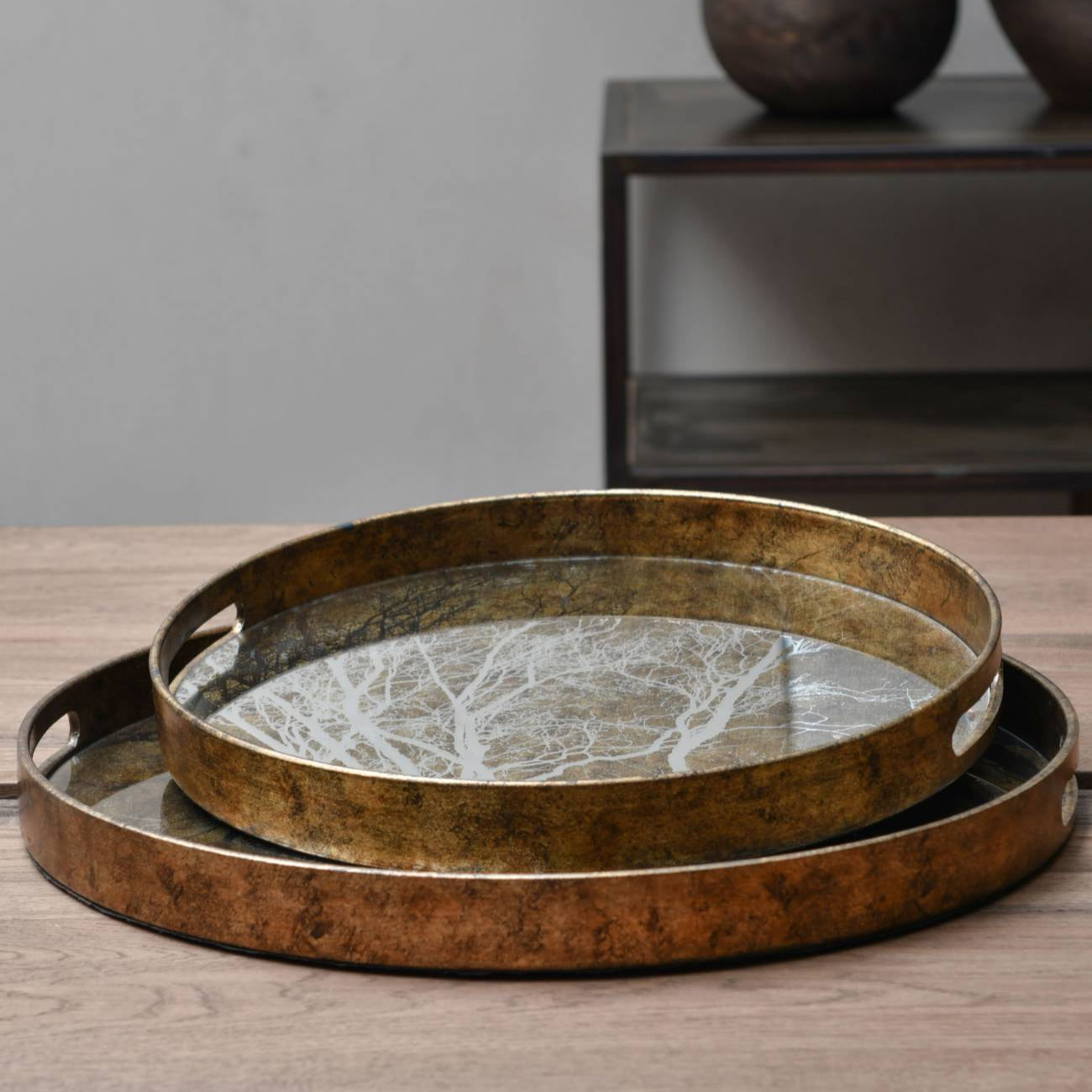 Set of 2 Vienna Antique Gold Tree Trays
